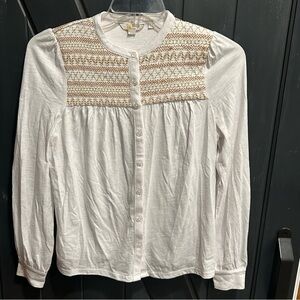 Boden Women’s Embroidered Smocked Button Down Shirt, Ivory, Beige, Gold. Size 6